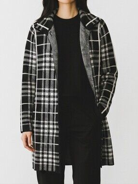 Women's Black and White Plaid Pea Coat - Classic Open-Front Style